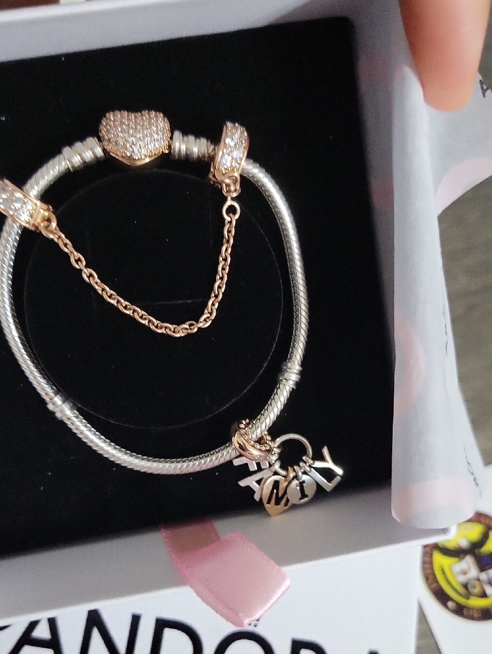 Pandora Two-Tone Silver and Rose Gold Heart Charm Bracelet